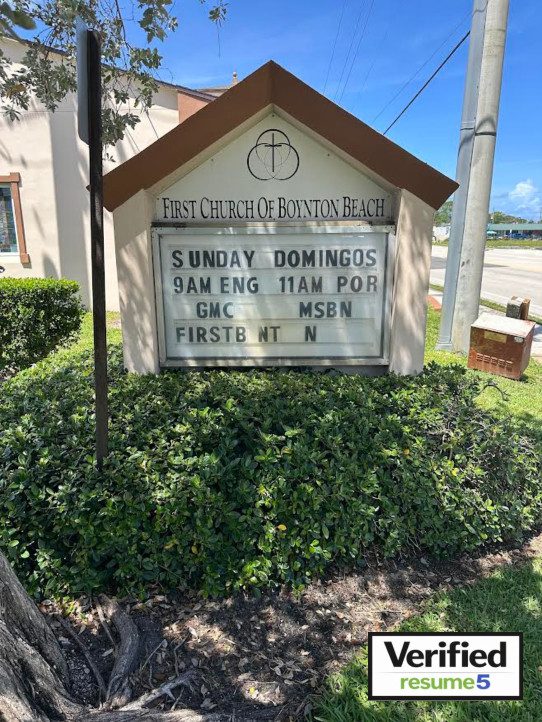 First Church of Boynton Beach in Boynton Beach, Florida verified by Resume5