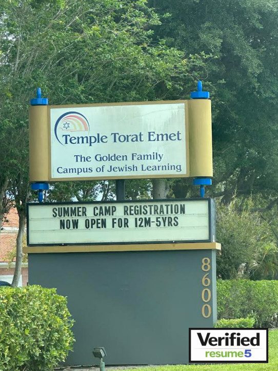 Temple Torat Emet in Boynton Beach, Florida verified by Resume5